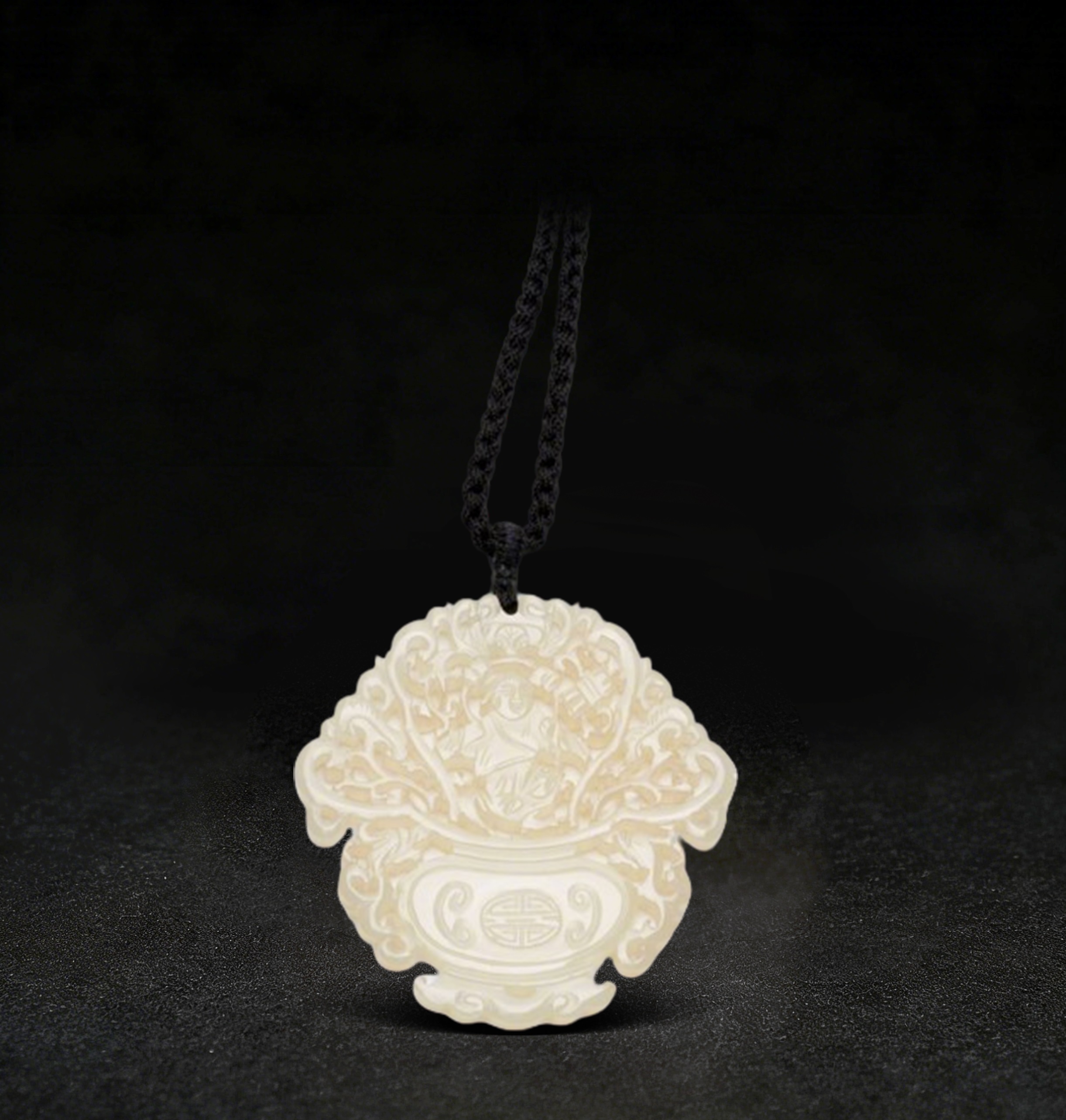 清 白玉透雕平安富貴花籃佩