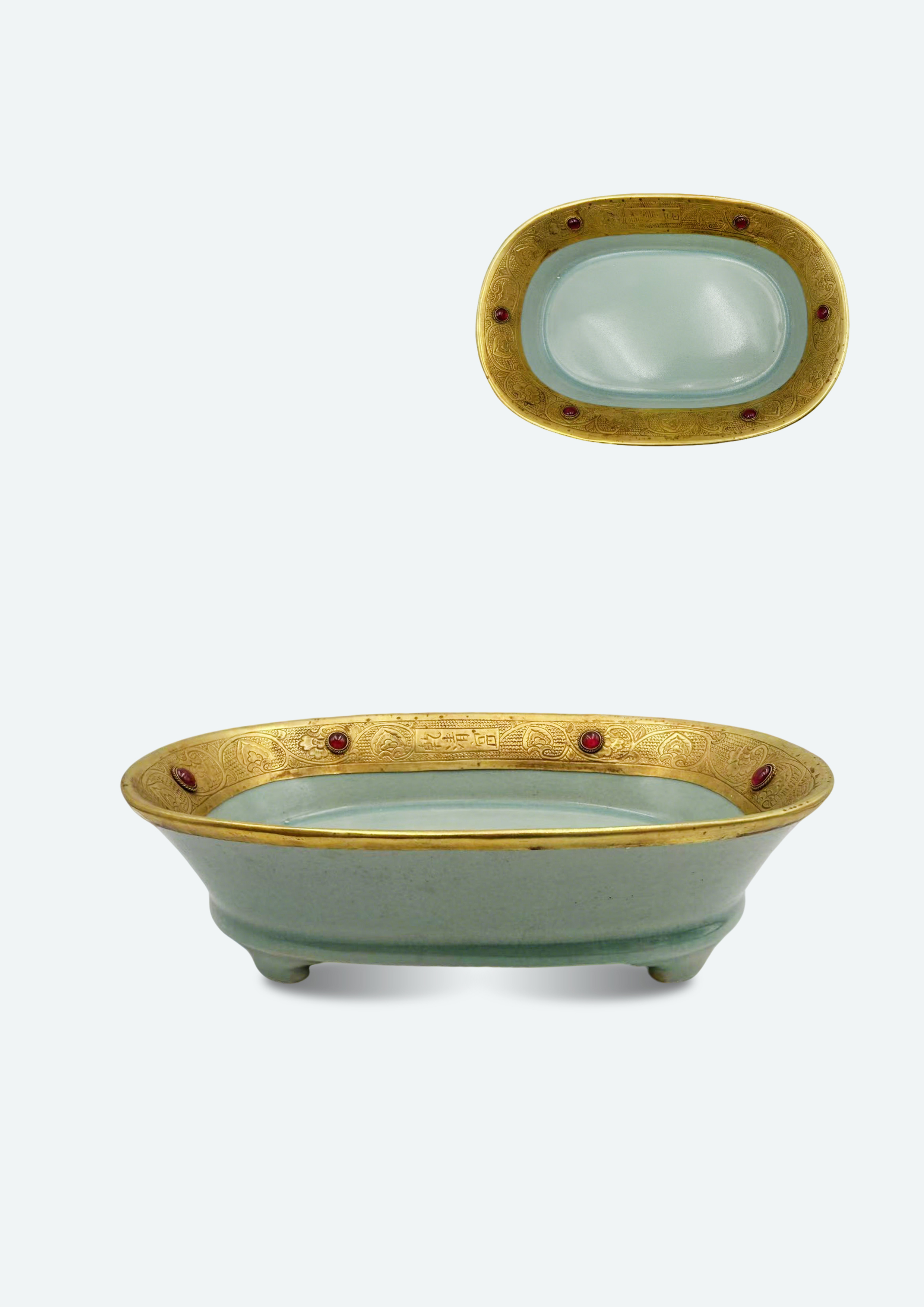 宋 汝窯天青釉鑲金嵌寶水仙盤